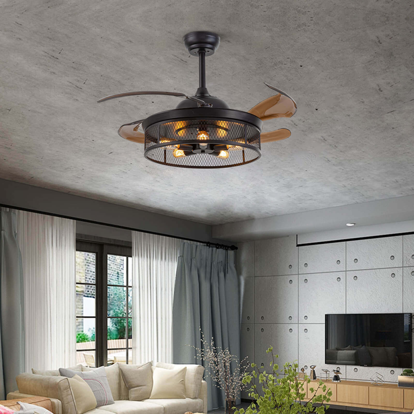 Industrial Black Caged Retractable Fandelier