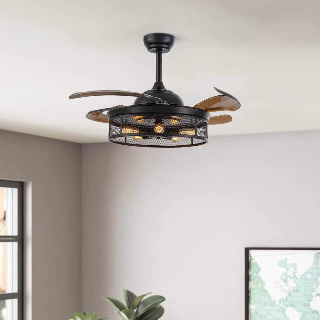 Industrial Black Caged Retractable Fandelier