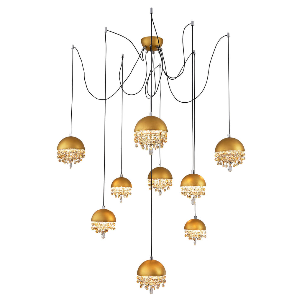 Gold Spider-Shaped String Ball Crystal Chandelier 9 Lights