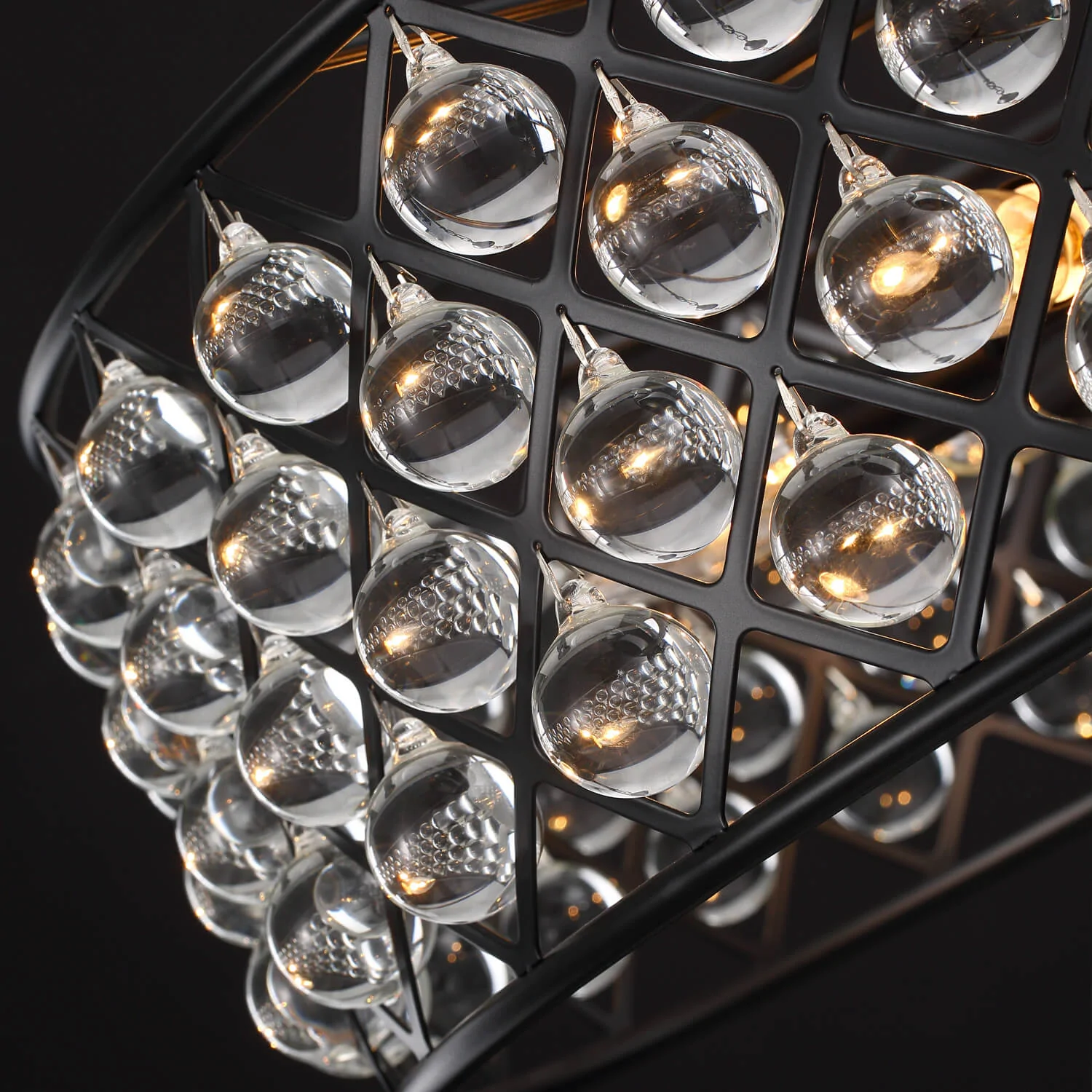 Round 15.7" Matte Black Metal Grid Raindrop Crystal Chandelier