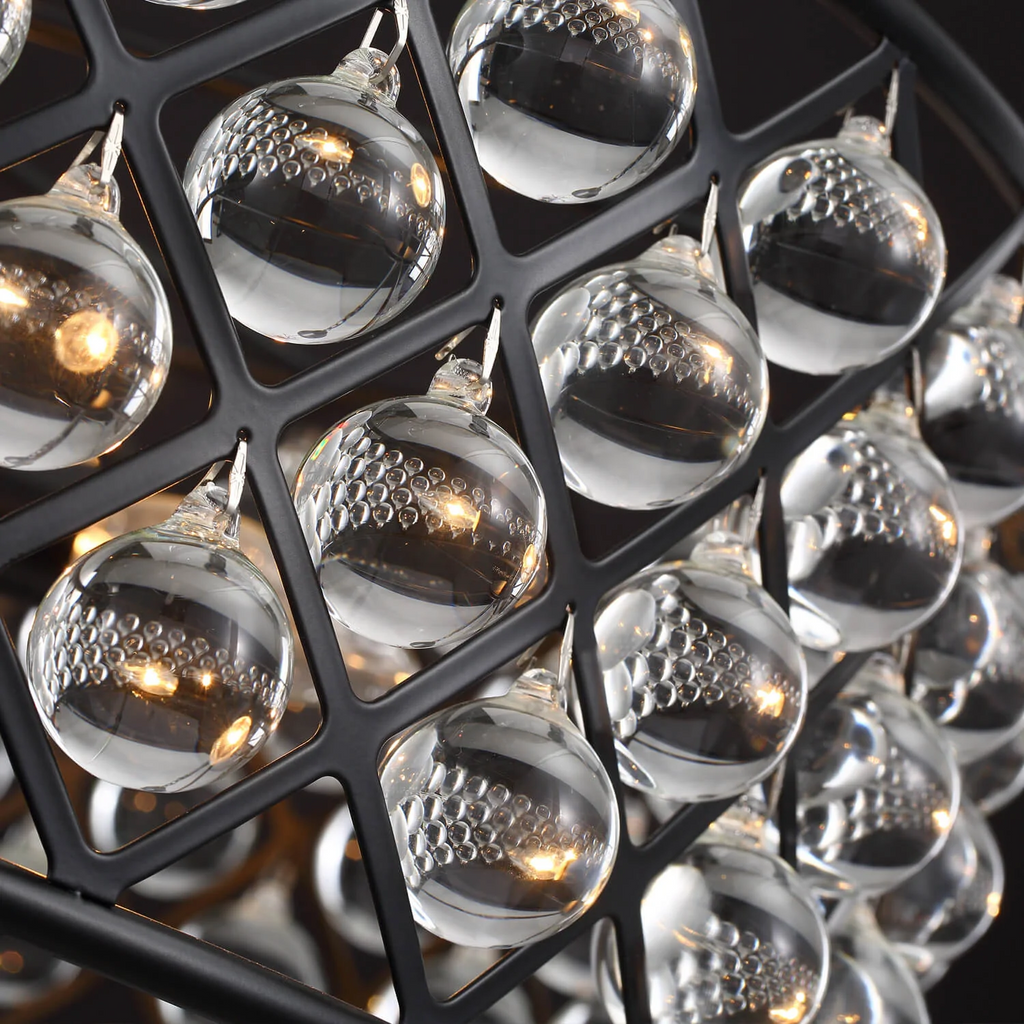 Round Matte Black Metal Grid Raindrop Crystal Chandelier