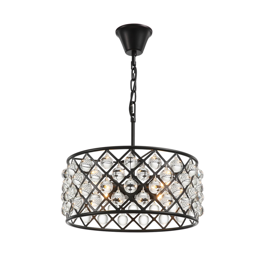 Round 15.7" Matte Black Metal Grid Raindrop Crystal Chandelier