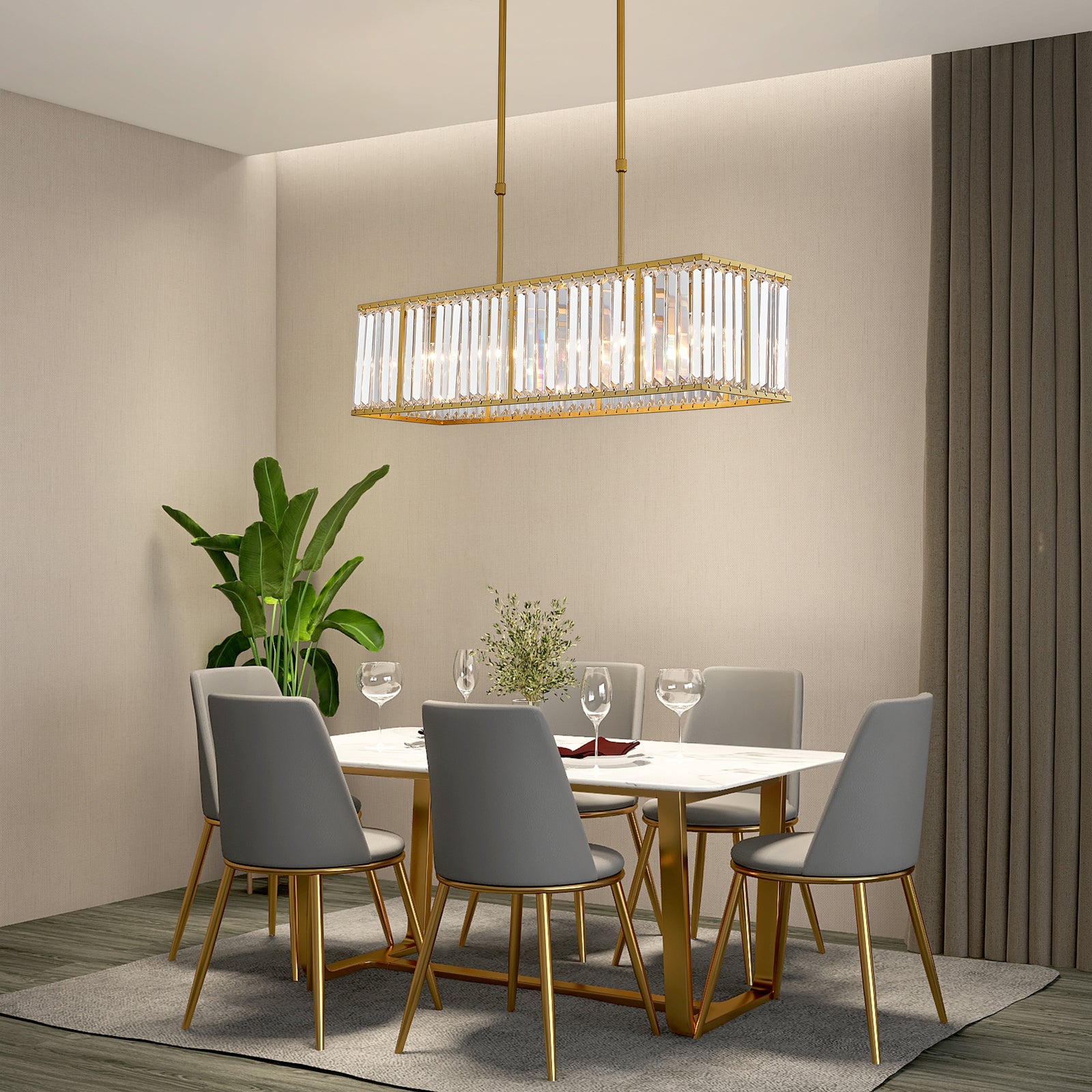 Rectangle Gold Metal Frame Crystal Chandelier