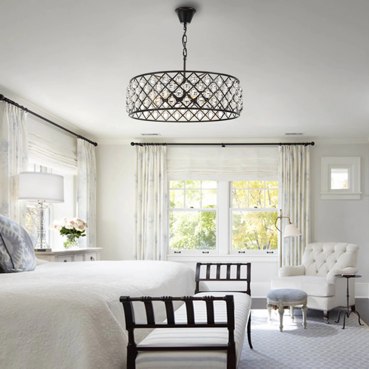 Round Matte Black Metal Grid Raindrop Crystal Chandelier