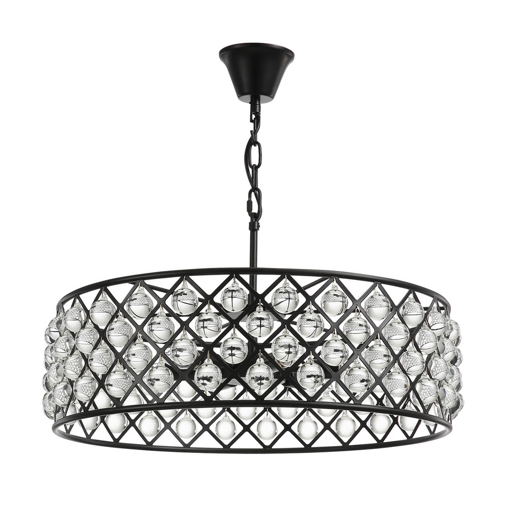 Round Matte Black Metal Grid Raindrop Crystal Chandelier