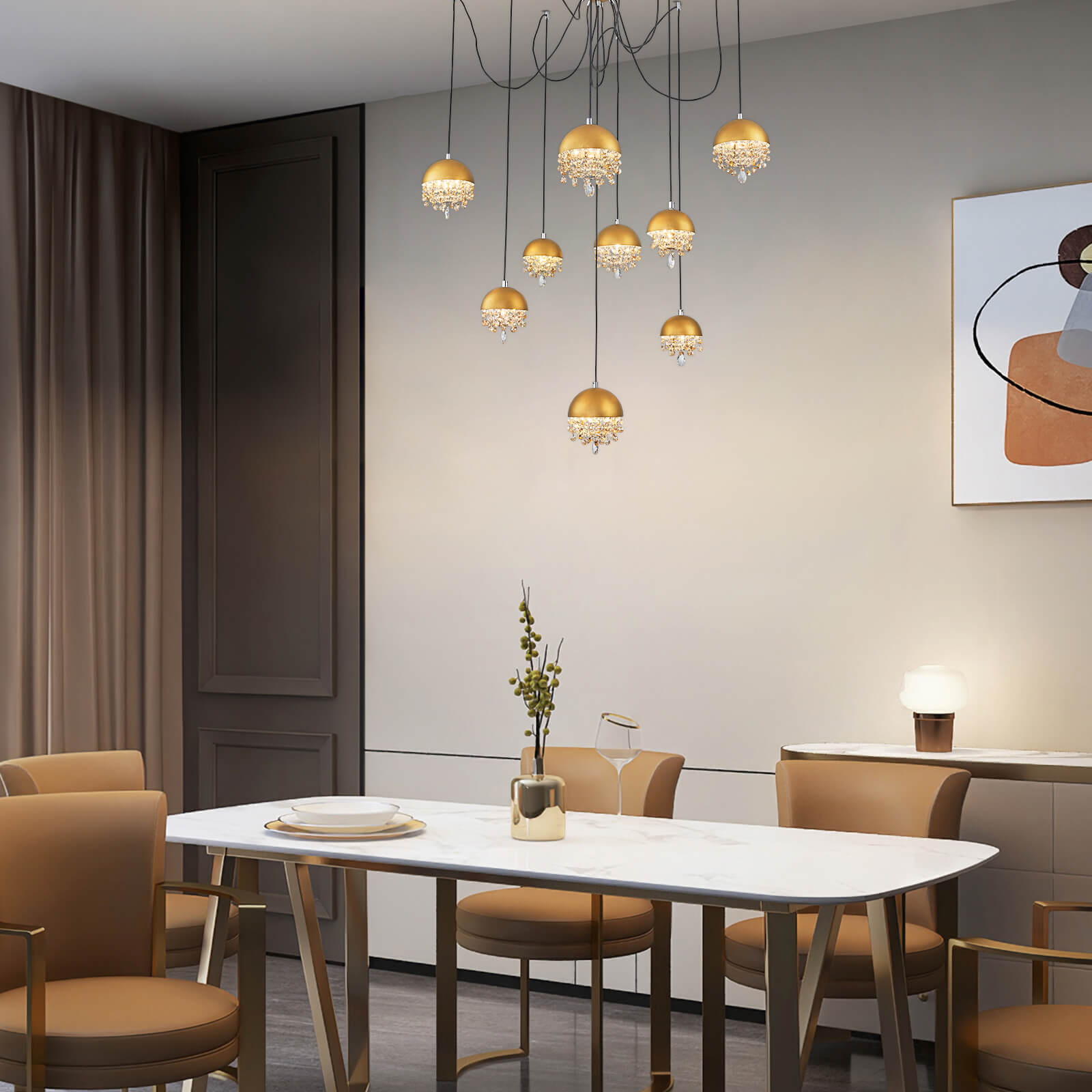 Gold Spider-Shaped String Ball Crystal Chandelier 9 Lights