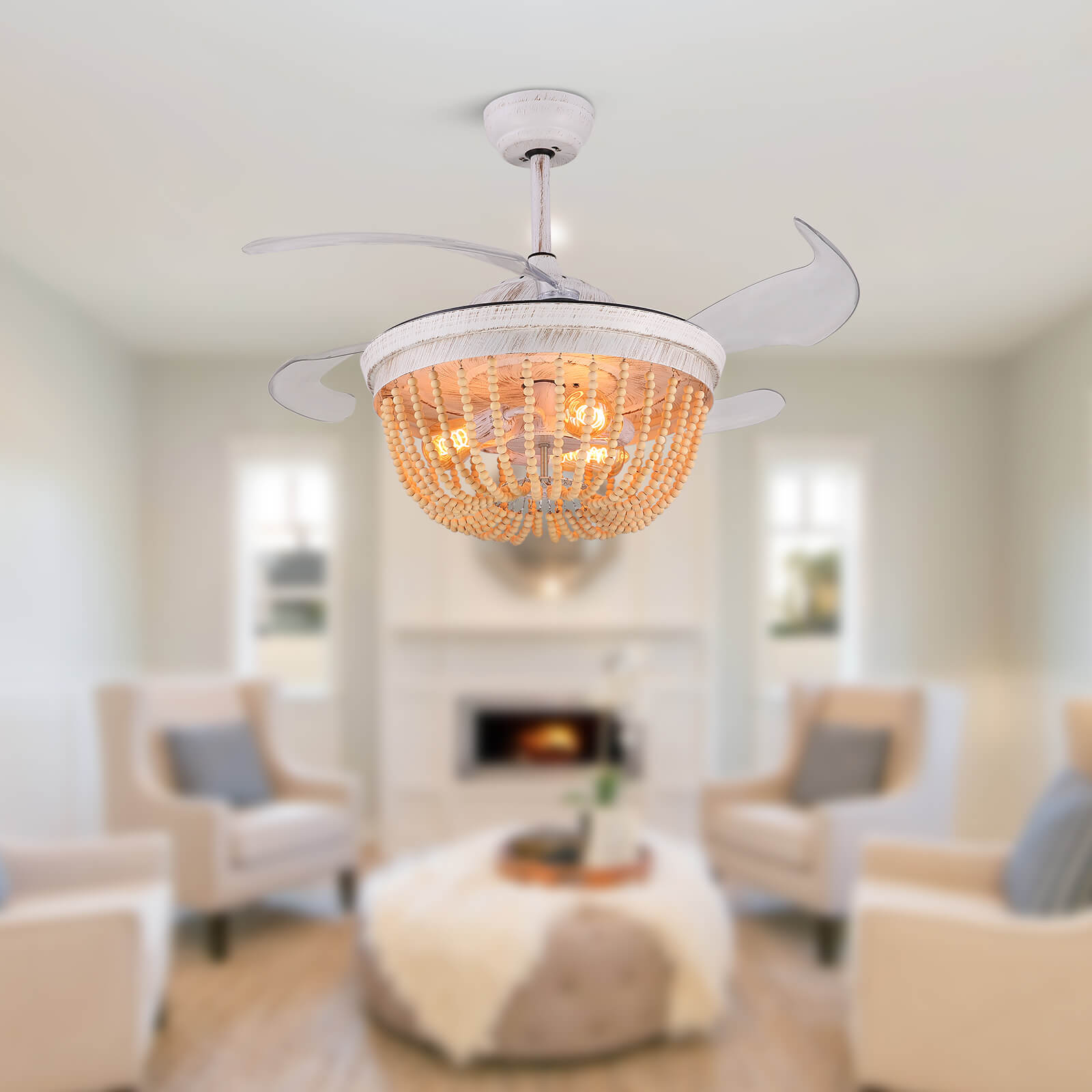 Wooden French Country Beaded Ceiling Fan Light