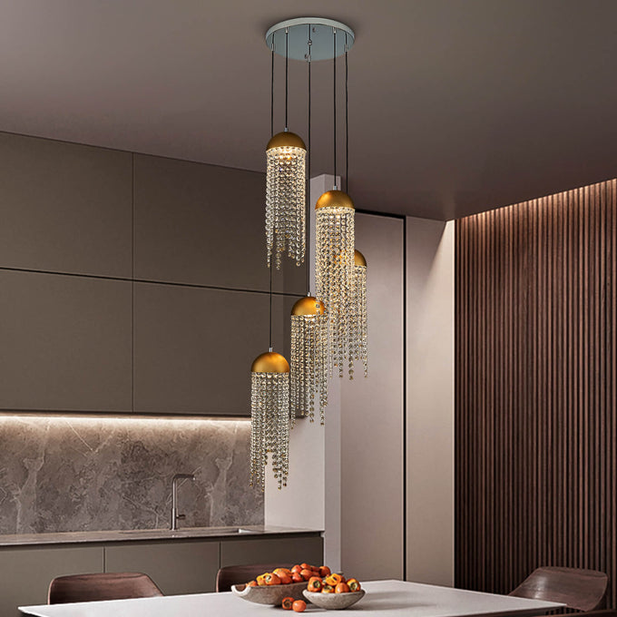 Gold Tassel Crystal Chandelier 5 Lights