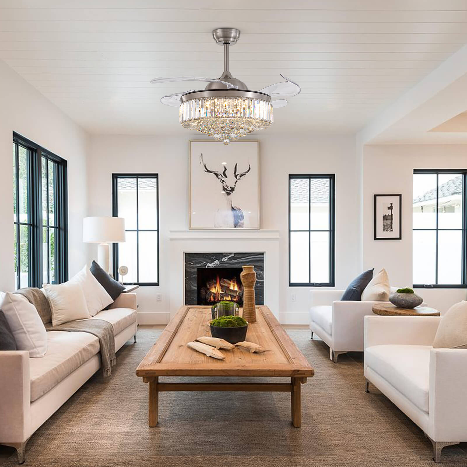 Moooni Crystal Fandeliers Retractable Chandelier Fan with Lights