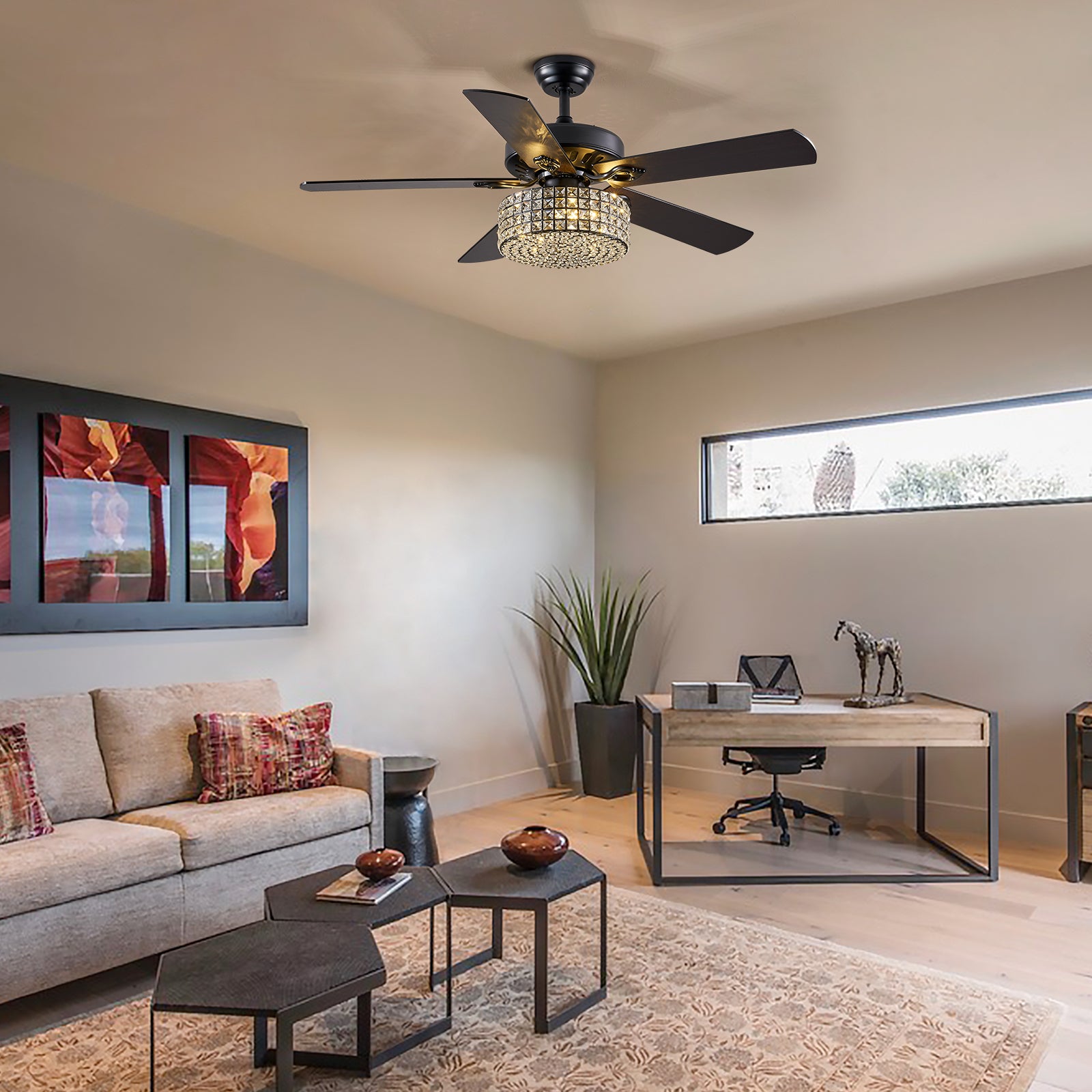 MOOONI-Ceiling-Fan-Light-Matte-Black-Industrial-Four Layer-Crystal-Fandelier-50“-Living-Room