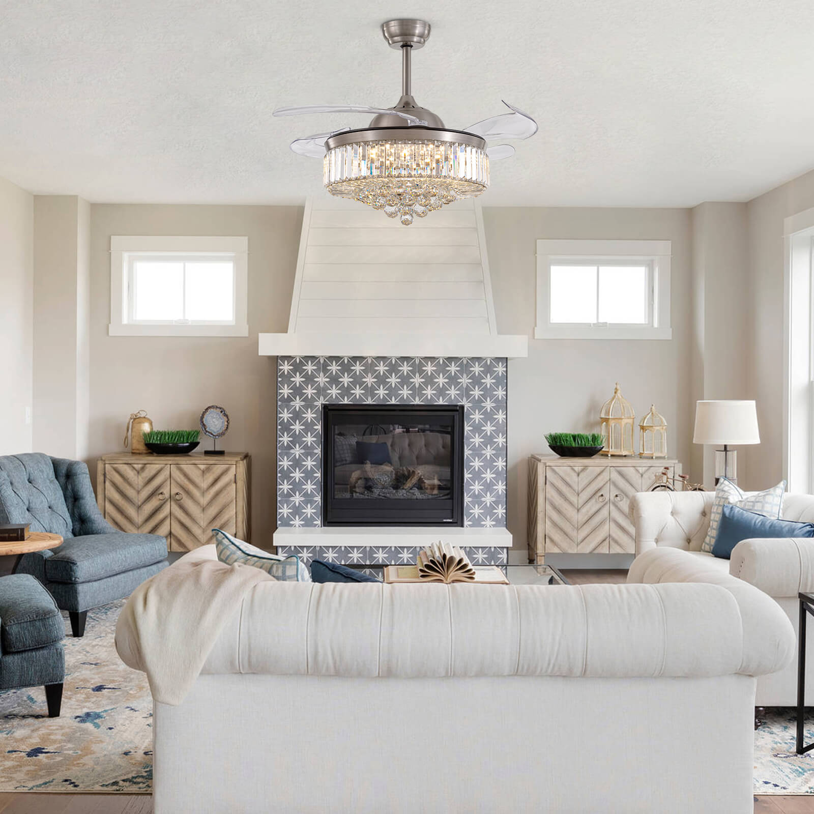 Moooni Crystal Fandeliers Retractable Chandelier Fan with Lights