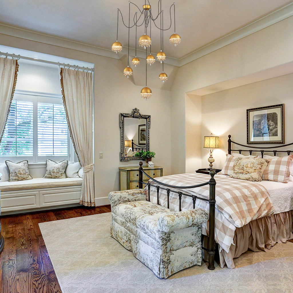 Gold Spider-Shaped String Ball Crystal Chandelier 9 Lights