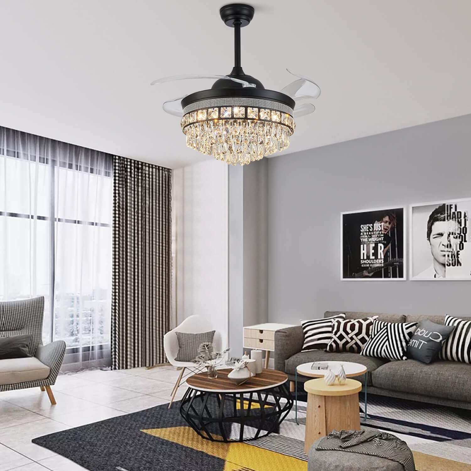 Top Rated Black Retractable Crystal Ceiling Fan Chandelier