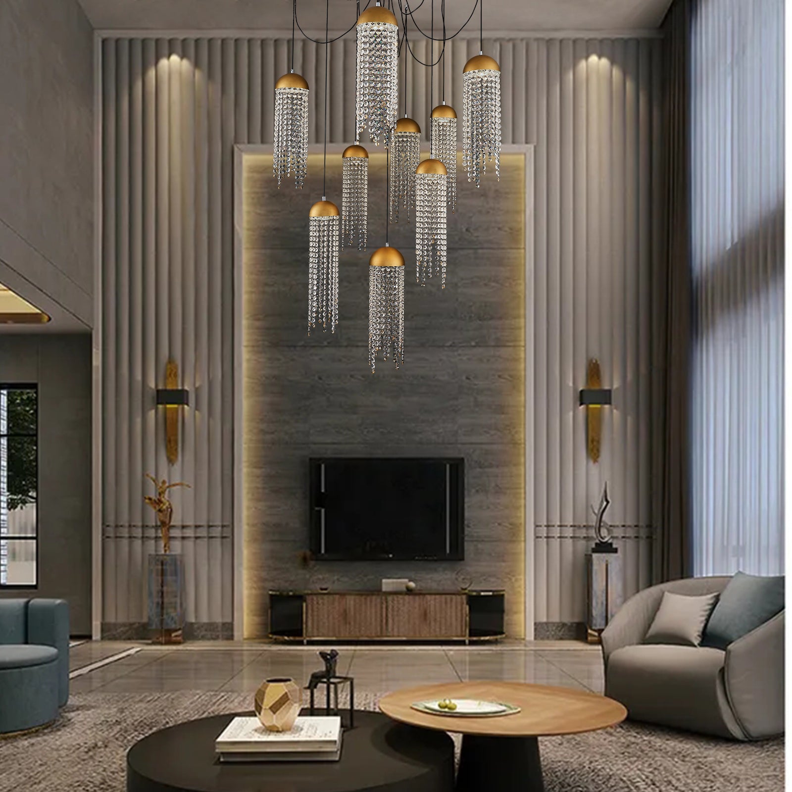 Gold Tassel Crystal Chandelier 9 Lights