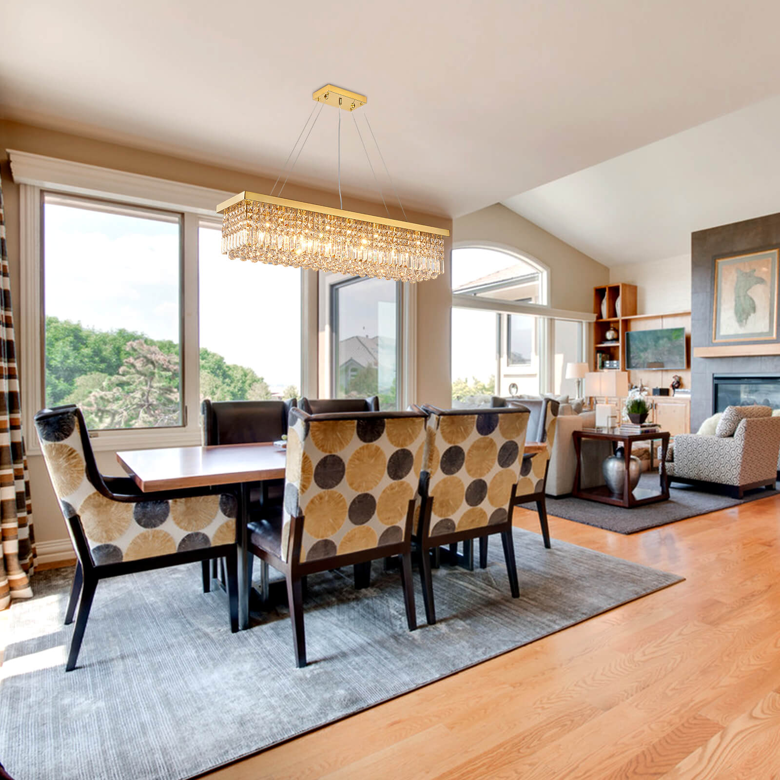 Rectangular Gold Canopy Crystal Chandelier For Kitchen