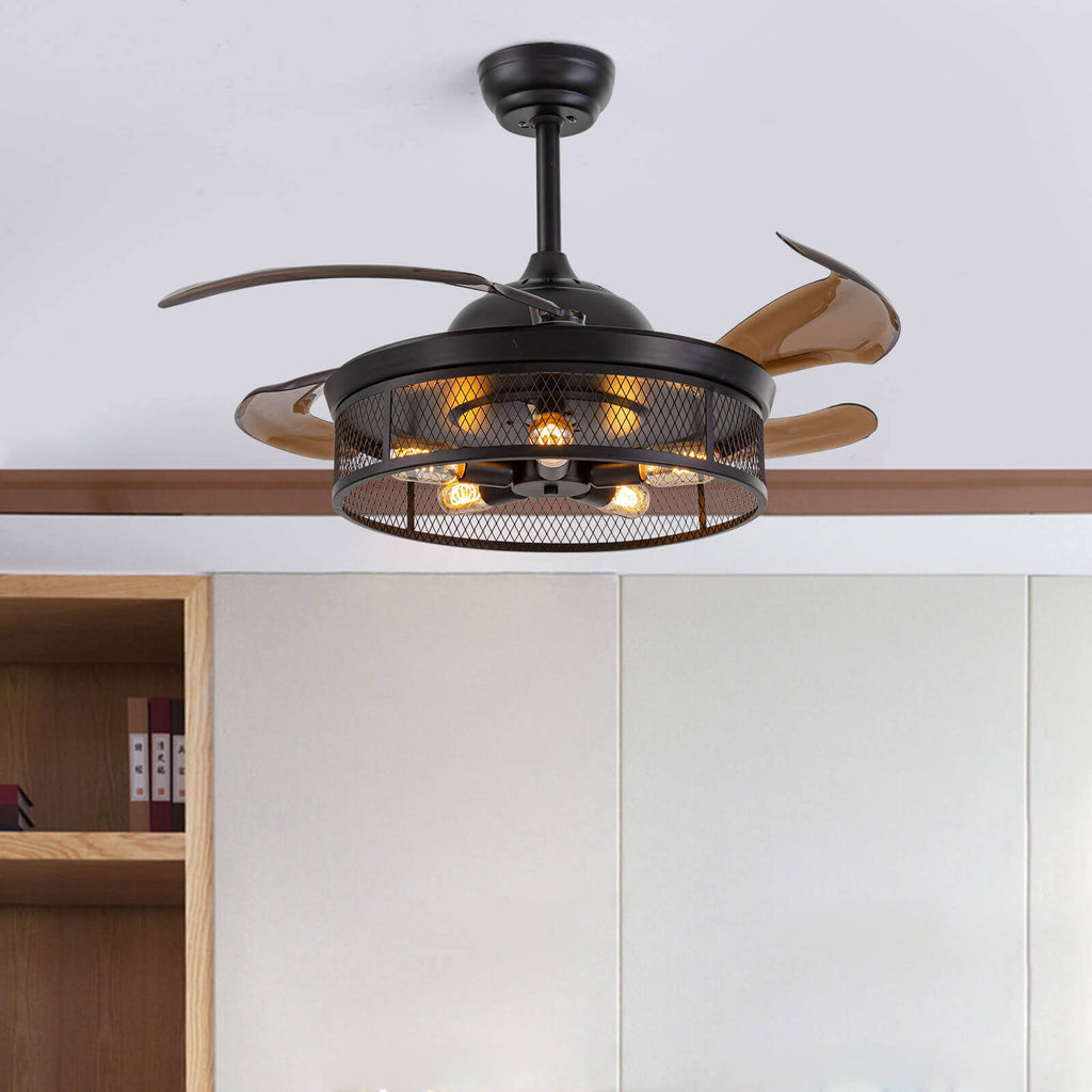 Industrial Black Caged Retractable Fandelier