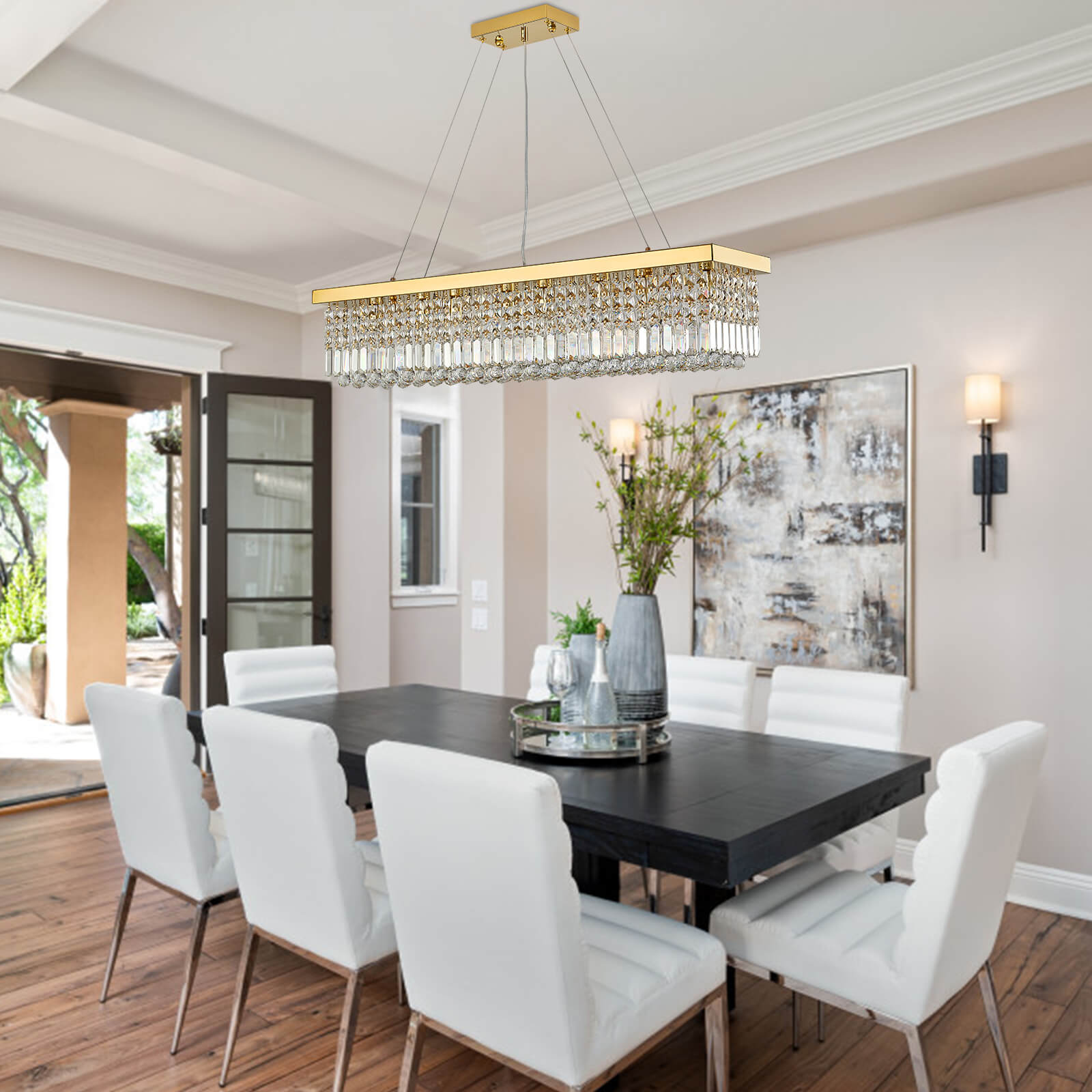 Rectangular Gold Canopy Crystal Chandelier For Kitchen