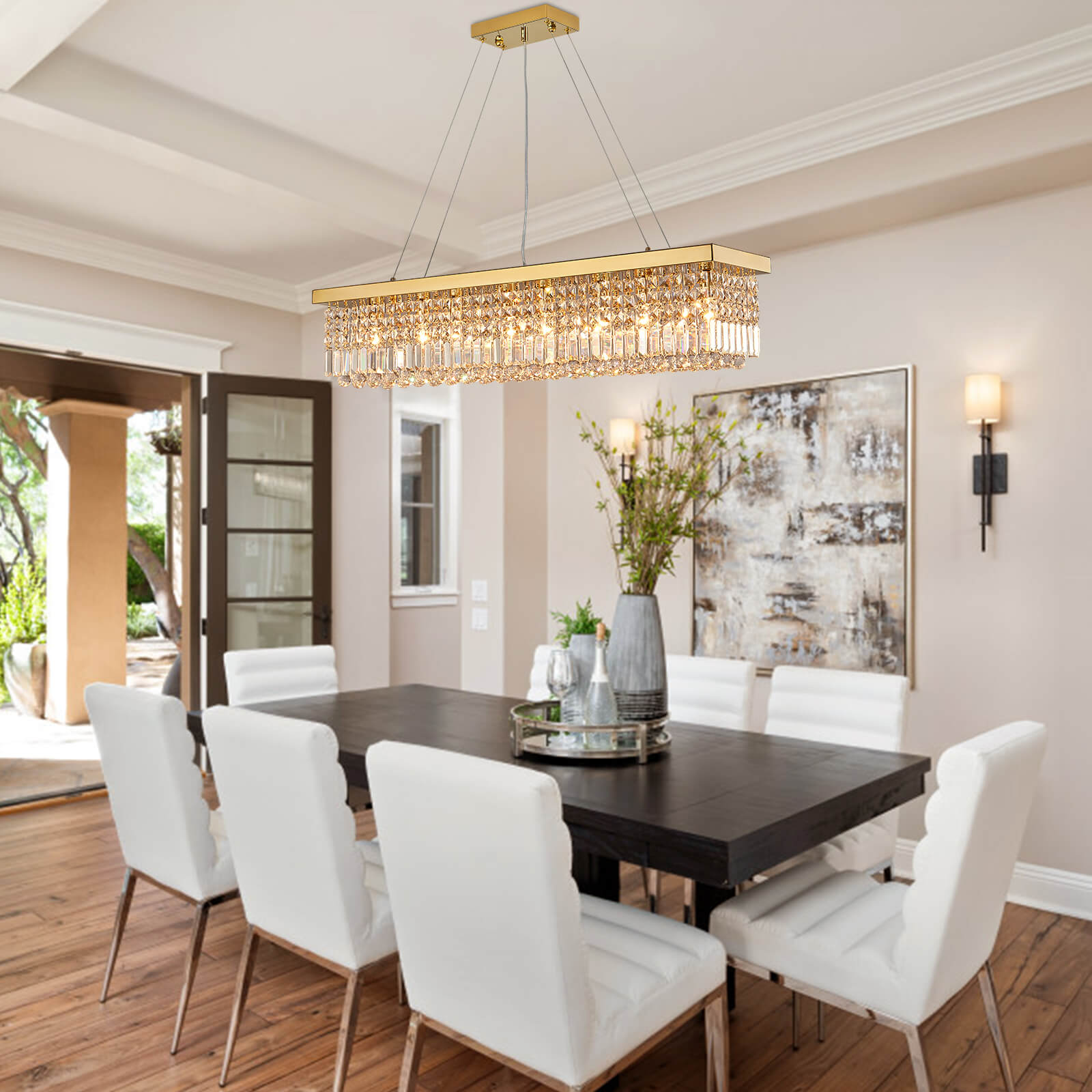 Rectangular Gold Canopy Crystal Chandelier For Kitchen