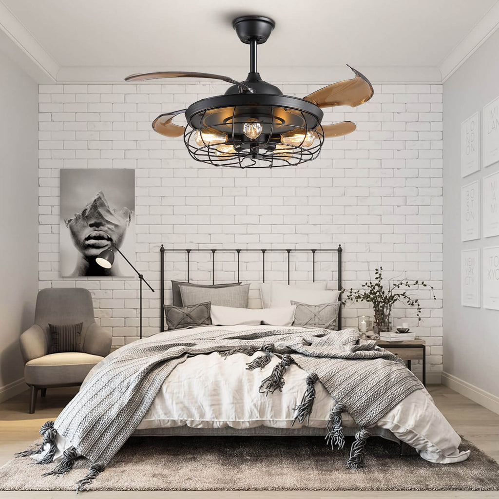 Vintage Industrial Ceiling Fan With Retractable Blades For
