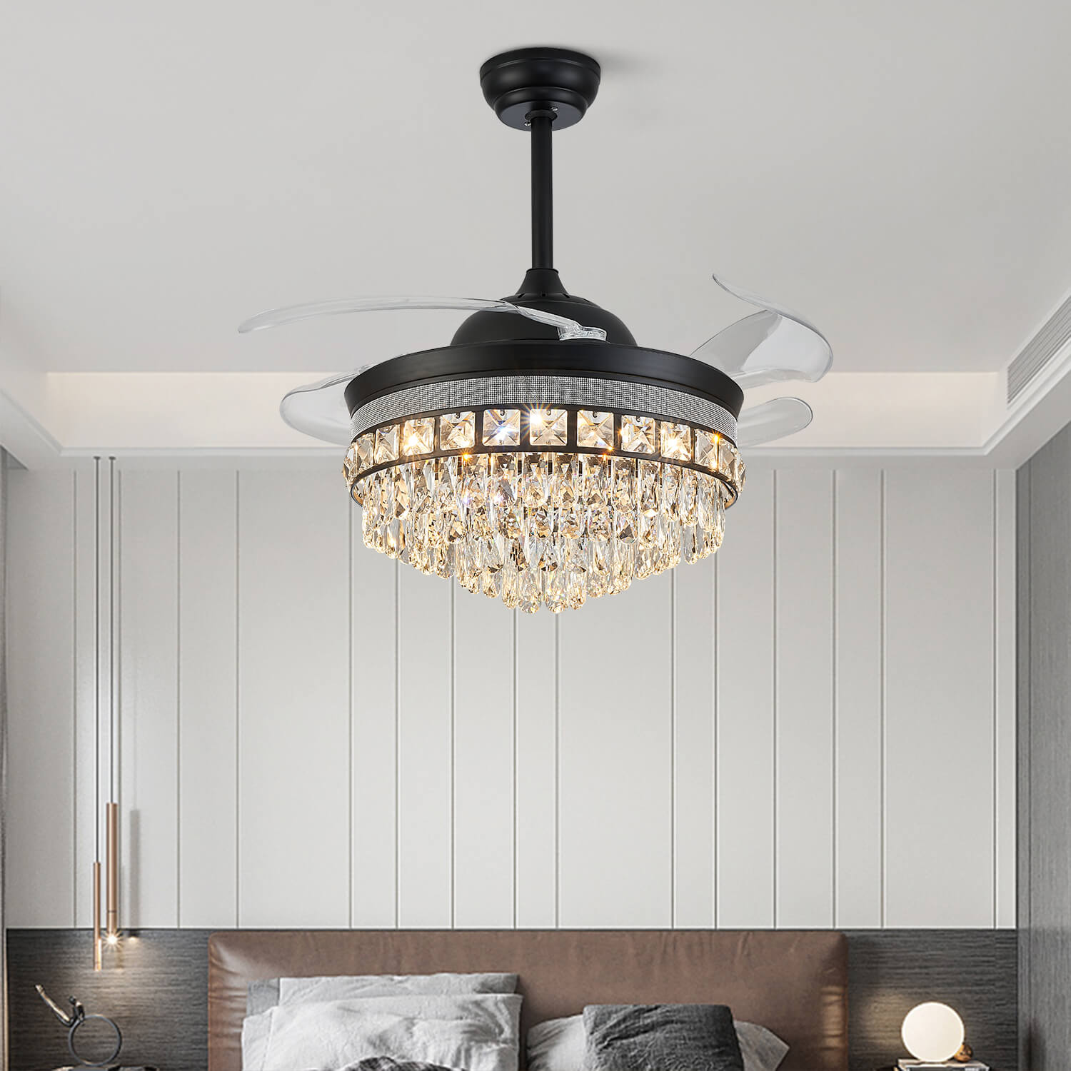 Top Rated Black Retractable Crystal Ceiling Fan Chandelier