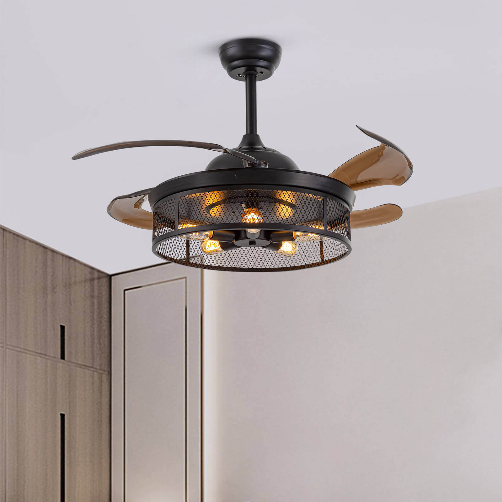 Industrial Black Caged Retractable Fandelier