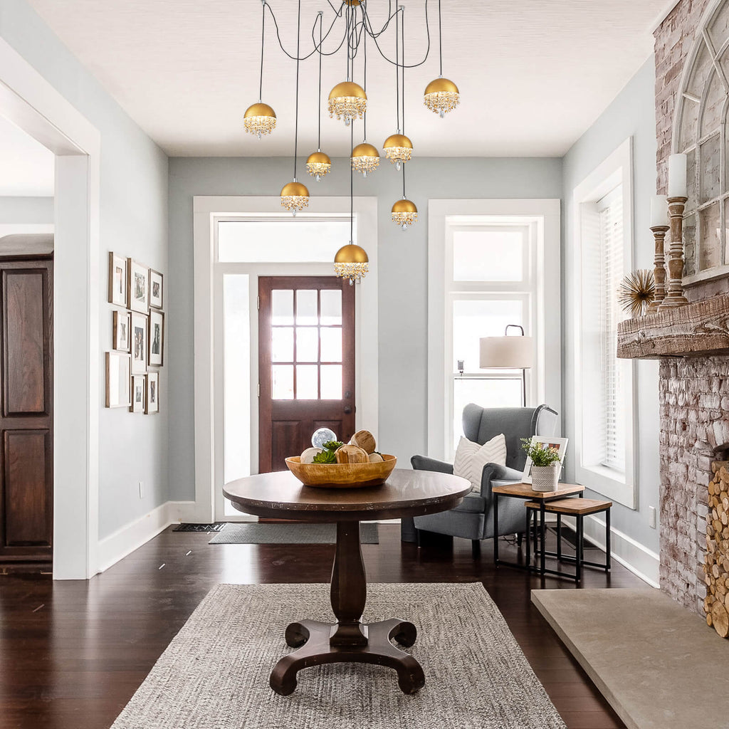 Gold Spider-Shaped String Ball Crystal Chandelier 9 Lights