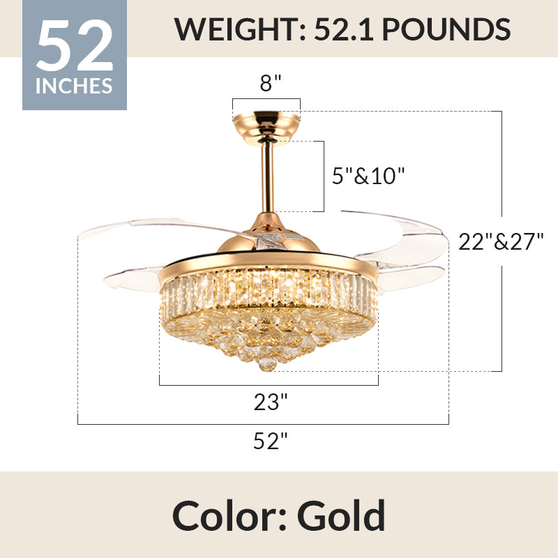 Moooni Crystal Fandeliers Retractable Chandelier Fan with Lights