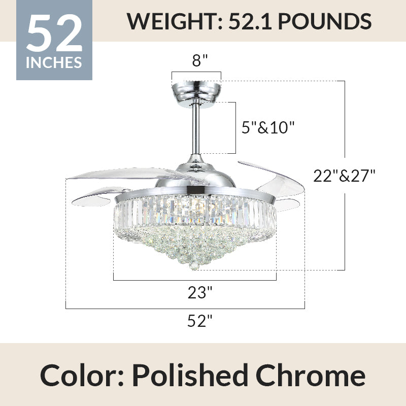 Moooni Crystal Fandeliers Retractable Chandelier Fan with Lights