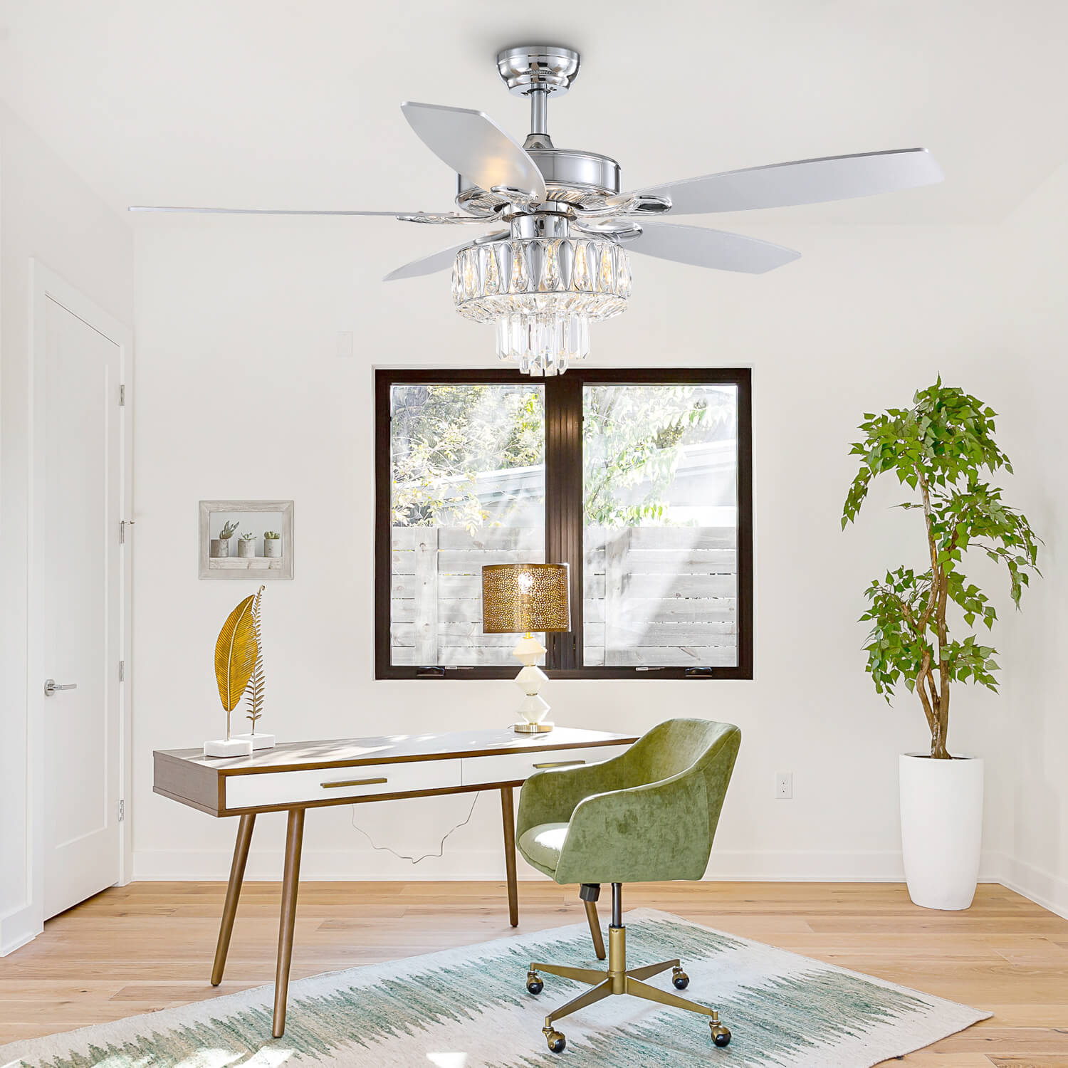 MOOONI-Ceiling-Fan-Light-Chrome- Fourdrinier-Crystal-Fandelier-51“-Studyroom