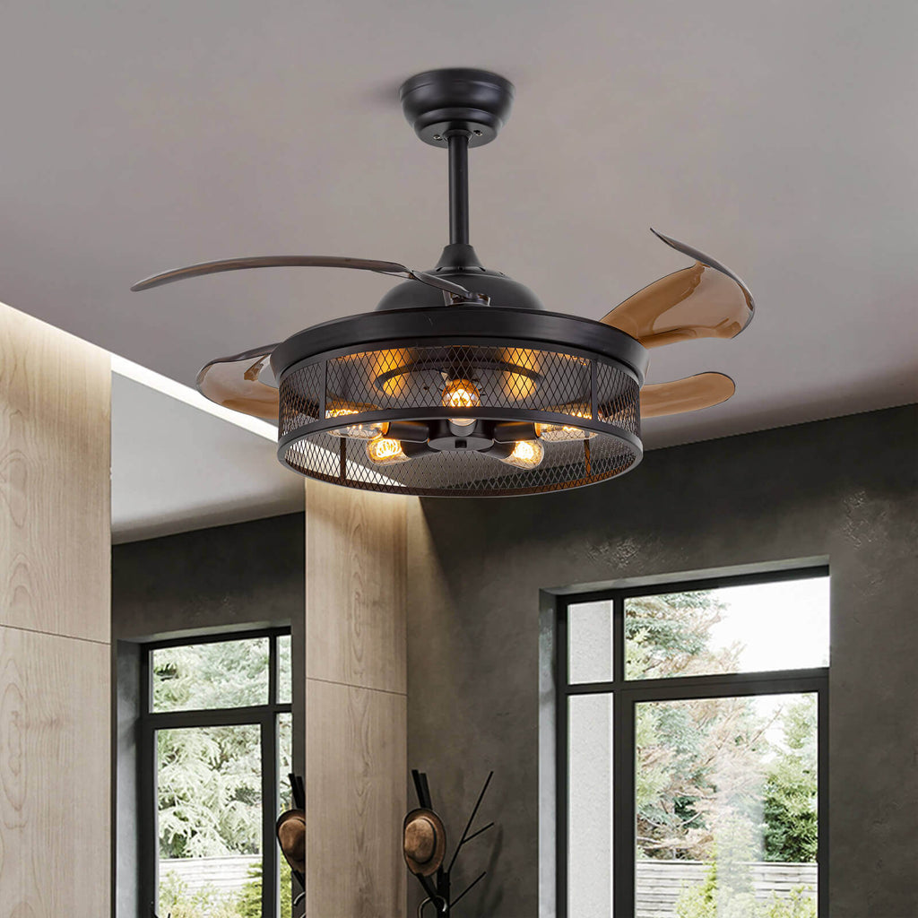 Industrial Black Caged Retractable Fandelier
