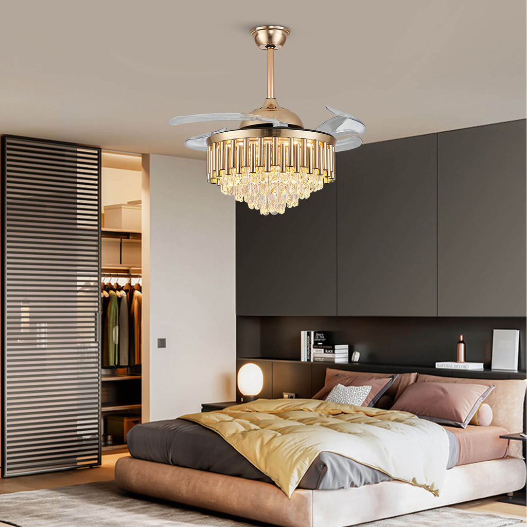 Top-Rated K9 Crystal Round Gold Retractable Fandelier