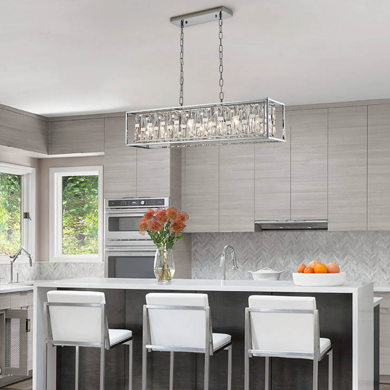 Silver Metal frame Rectangular Crystal Chandelier