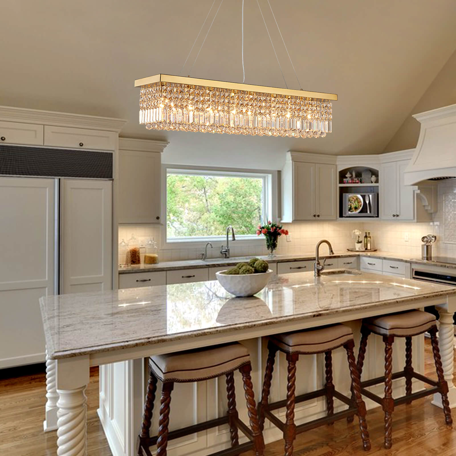 Rectangular Gold Canopy Crystal Chandelier For Kitchen