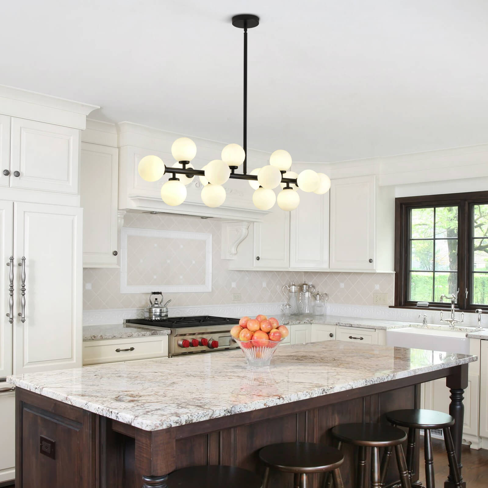 Mid-Century Glass Globe Black Stents Hanging Light