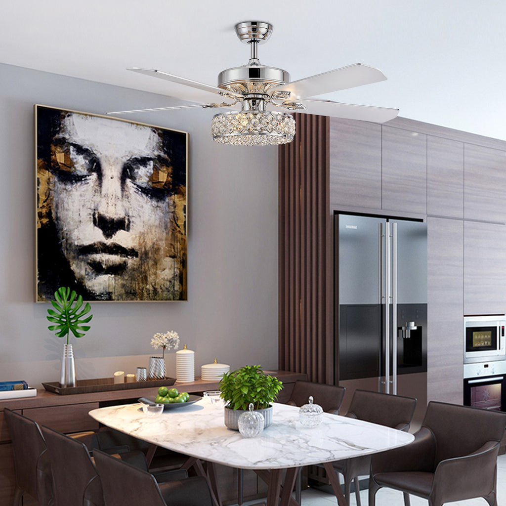 MOOONI-Ceiling-Fan-Light-Chrome-Vintage-Three-layer-Octagonal Beads-Crystal-Fandelier-50“-Dining-Room