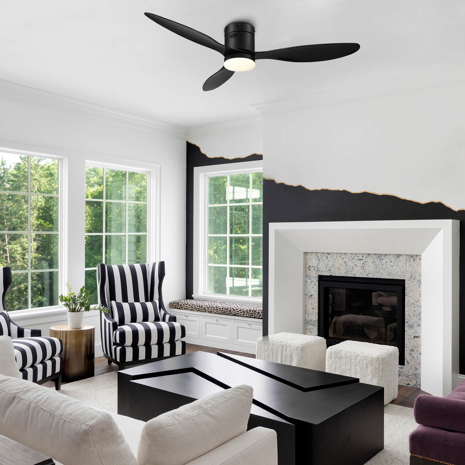 MOOONI-Ceiling-Fan-LED Strip-Matte-Black-Lampshade-Black-Wood-Blades-Living-Room