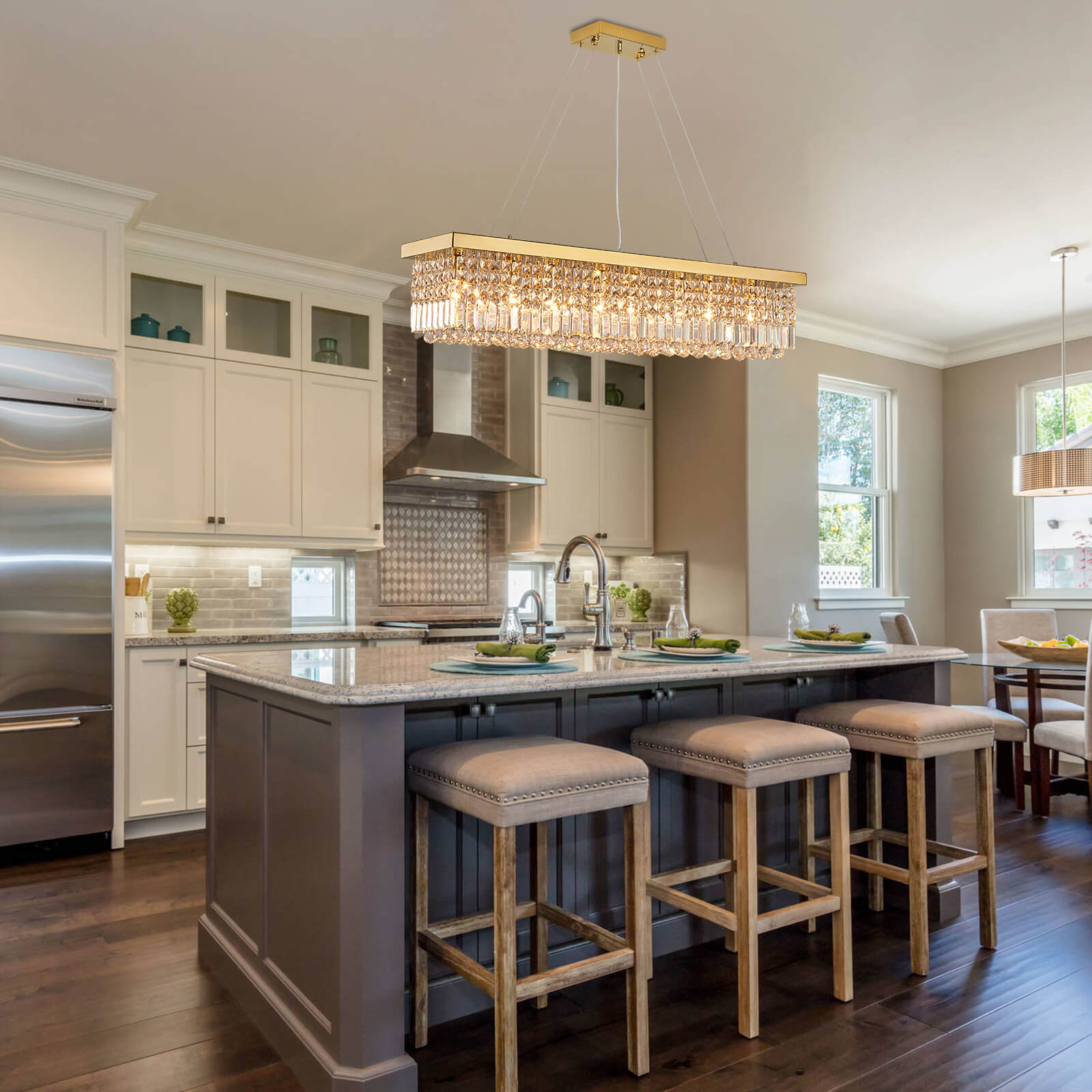 Rectangular Gold Canopy Crystal Chandelier For Kitchen