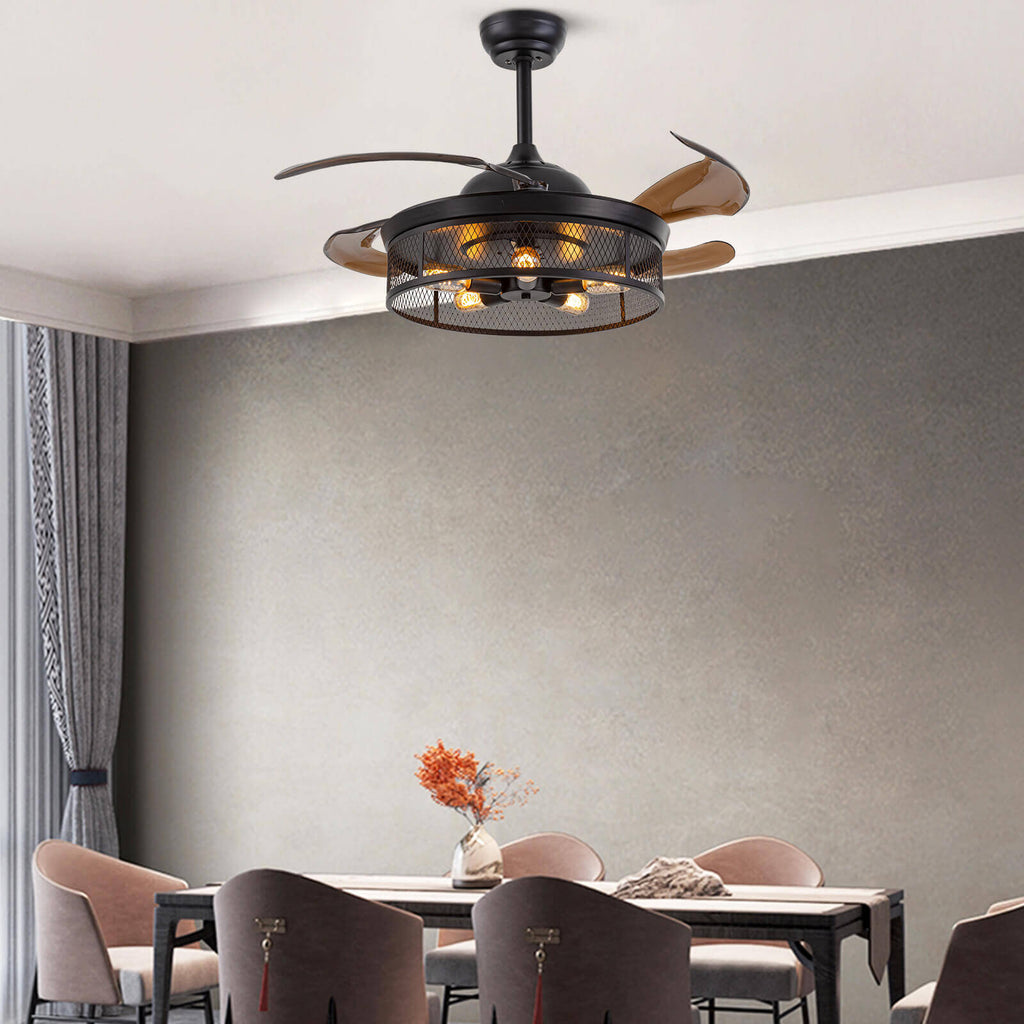 Industrial Black Caged Retractable Fandelier