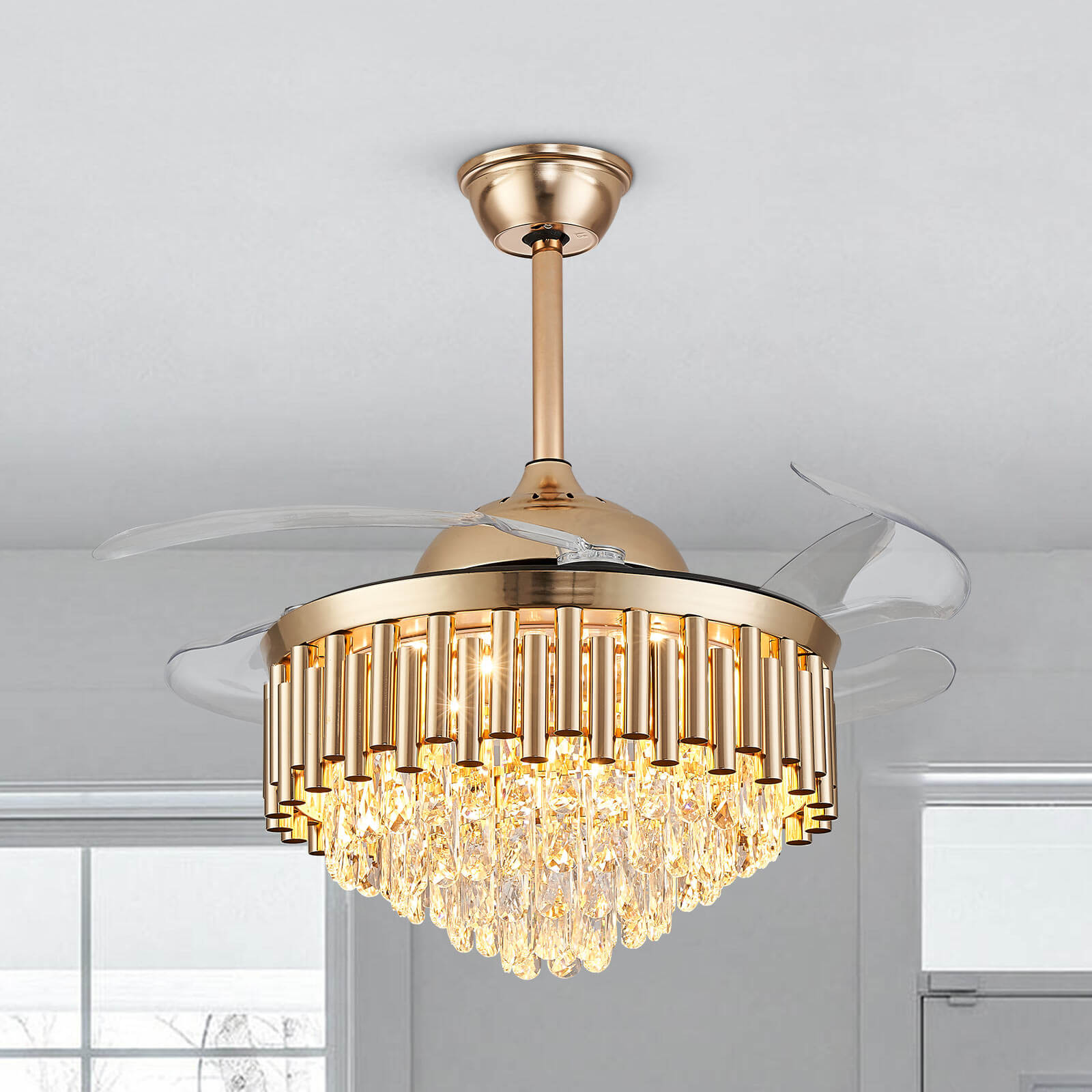 Top-Rated K9 Crystal Round Gold Retractable Fandelier