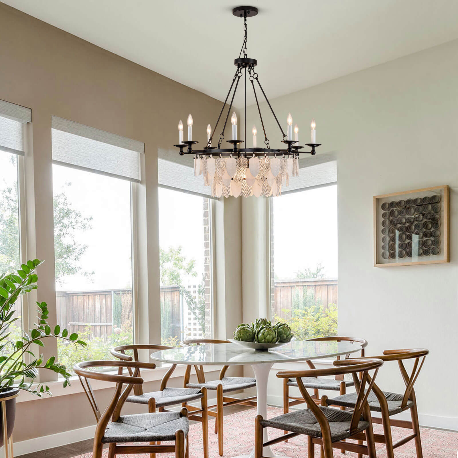 Modern-Matte-Black-Leaves-Candelabra-Round-Pendant-Light