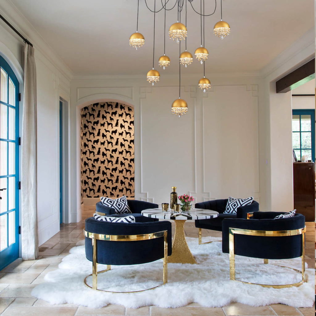 Gold Spider-Shaped String Ball Crystal Chandelier 9 Lights