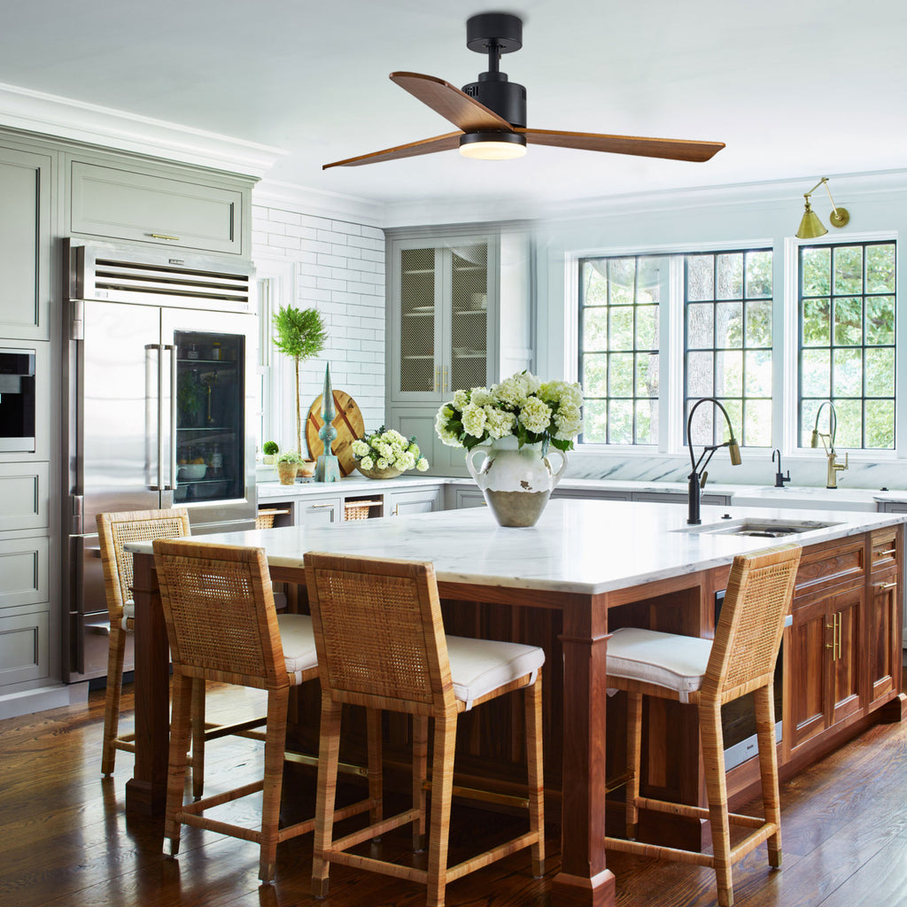 MOOONI-Ceiling-Fan-With-LED Strip-Matte-Black-Lampshade-52"-Wood-Blades-Kitchen-Island