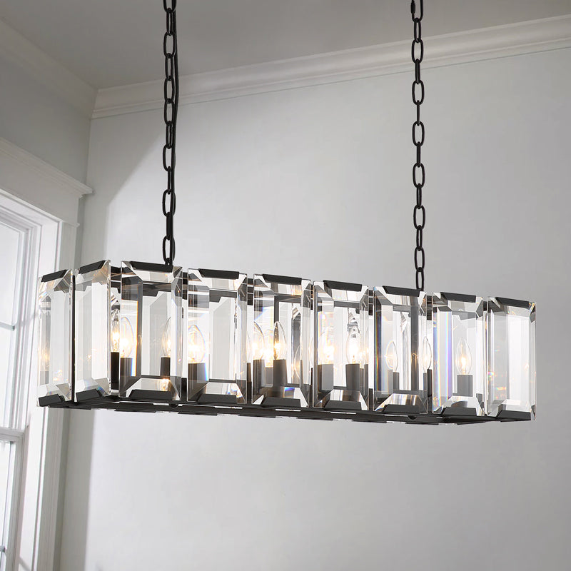 Wide Crystal Rectangular Iron Dining Chandelier