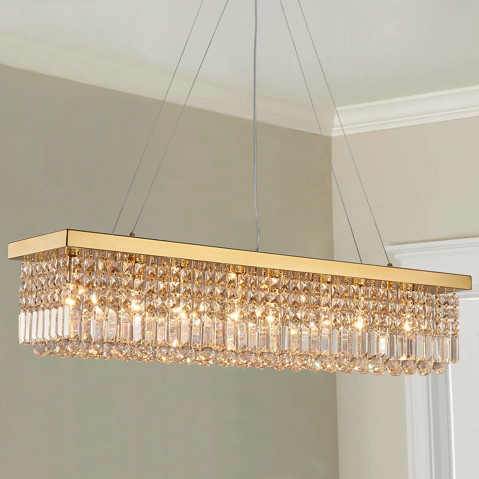 Rectangular Gold Canopy Crystal Chandelier For Kitchen