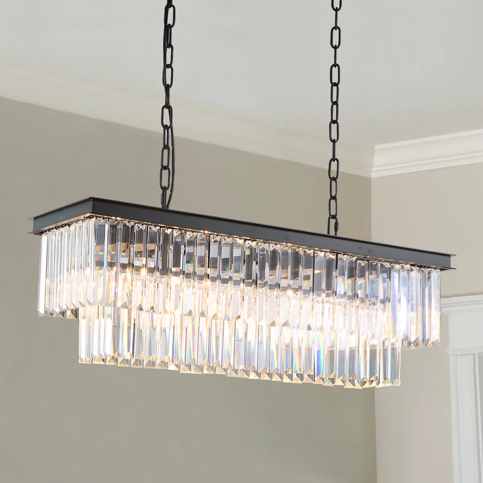 Black Rectangular Metal Frame Crystal Chandelier