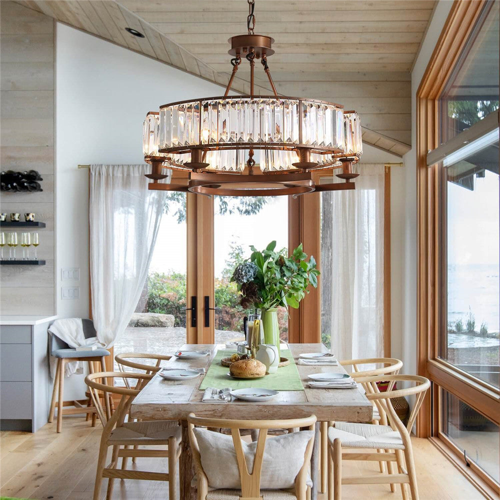 Crystal-Chandeler-Brown-Dining-RoomIndustrial-Farmhouse-Brown-Round-Crystal-Chandelier-Dining-Room