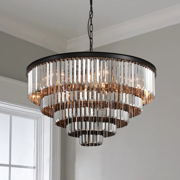 Round Black Iron 5-layer Smoke Gray Crystal Chandelier