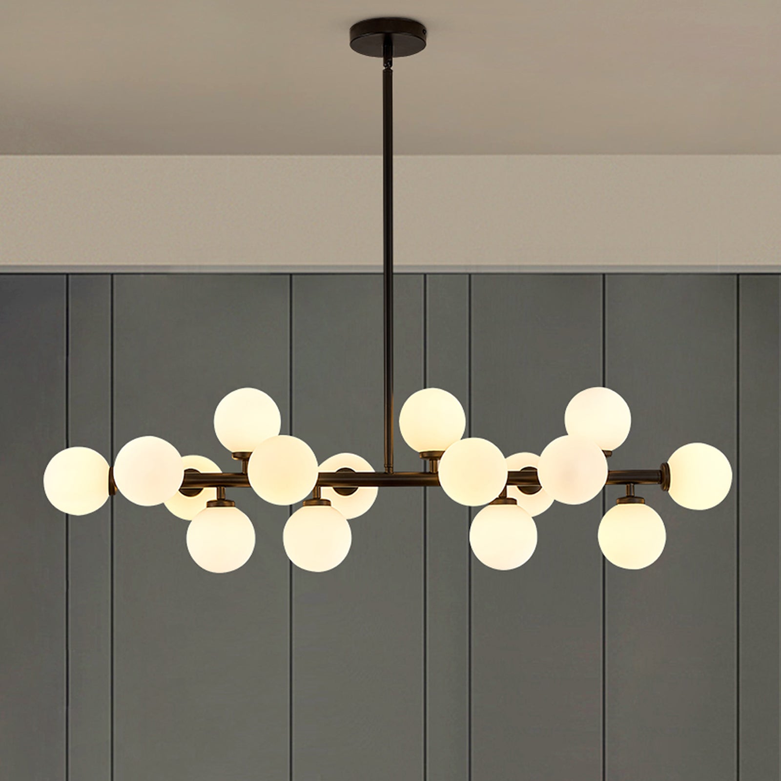 Mid-Century Glass Globe Black Stents Hanging Light