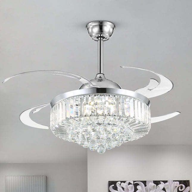 Modern Crystal Ceiling Fan with Retractable Blades And Dimmable